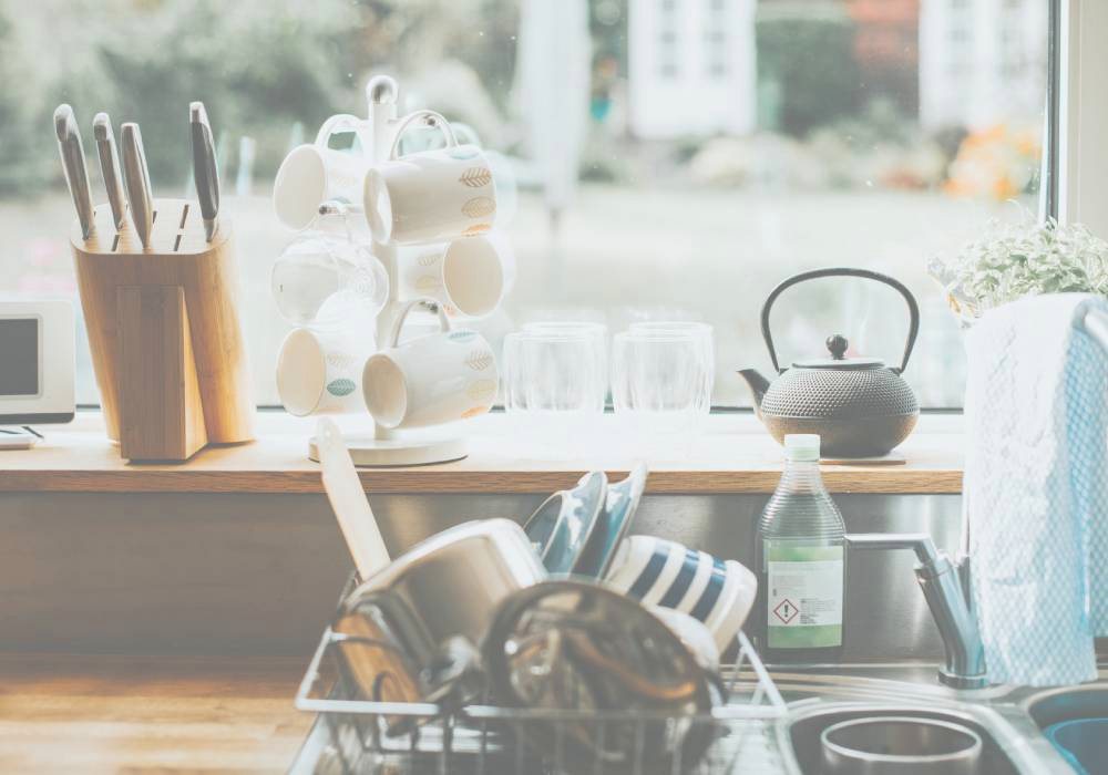 Bright kitchen counter with home goods